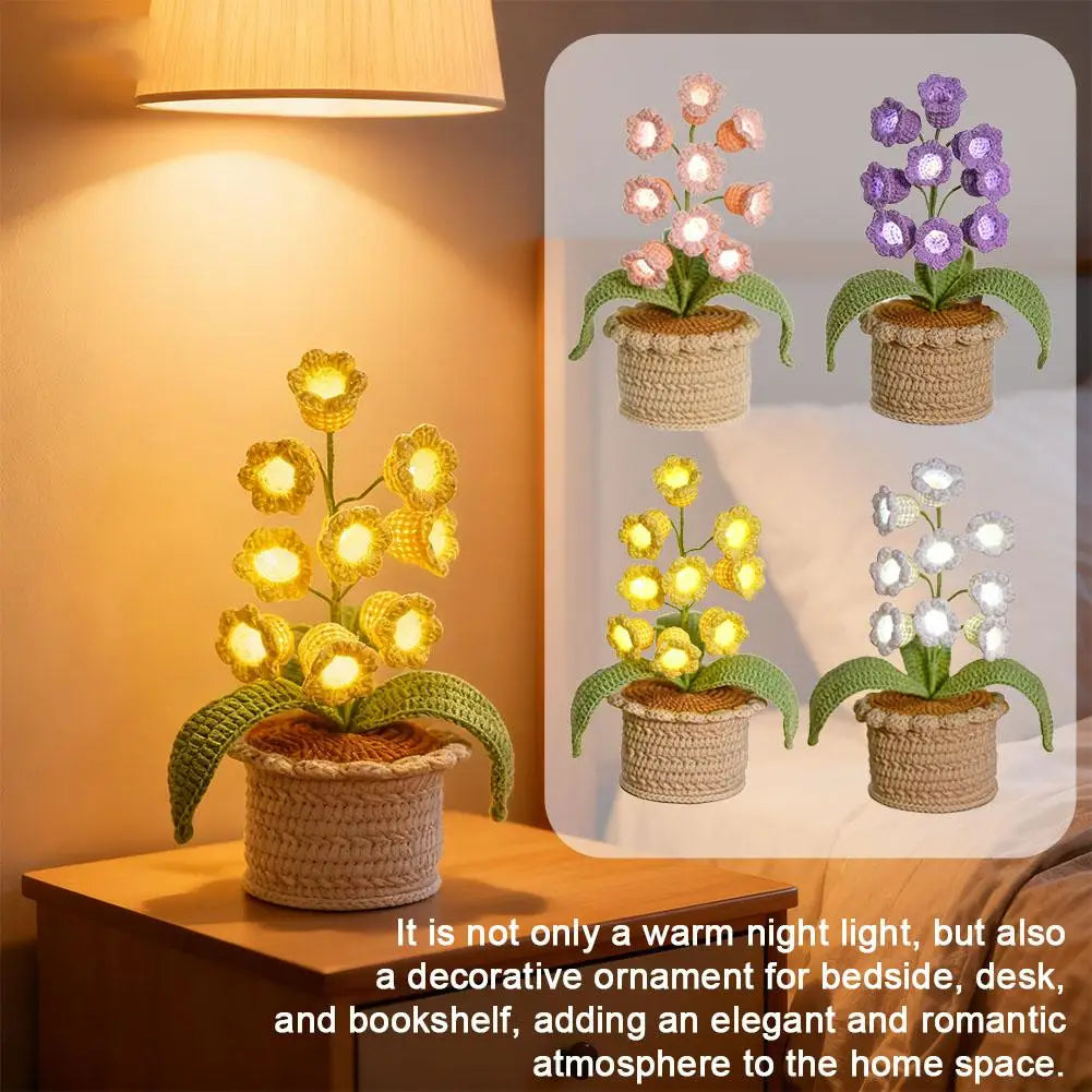 Handmade Crochet Orchid Potted Night Light LED Decorative Lamp for Bedroom Desk Glow Flower Pot Romantic Home Decor