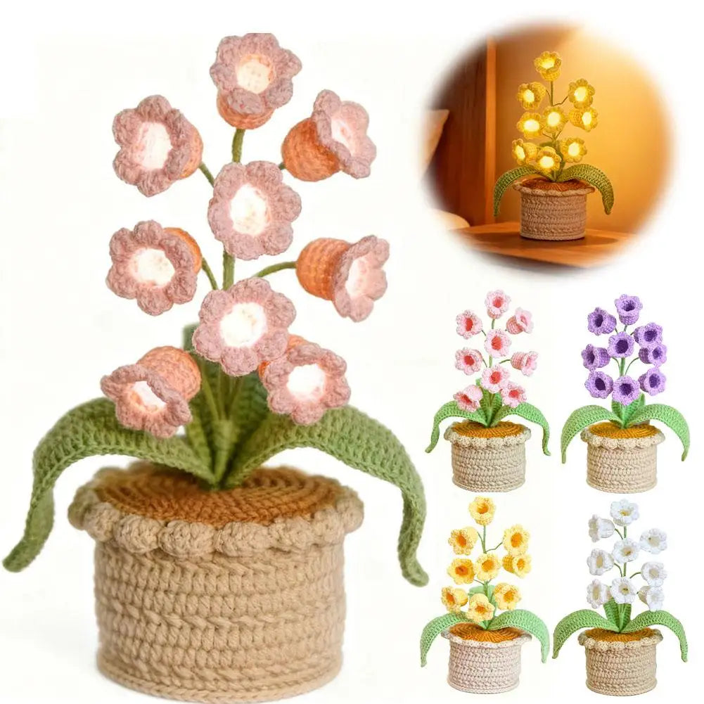 Handmade Crochet Orchid Potted Night Light LED Decorative Lamp for Bedroom Desk Glow Flower Pot Romantic Home Decor