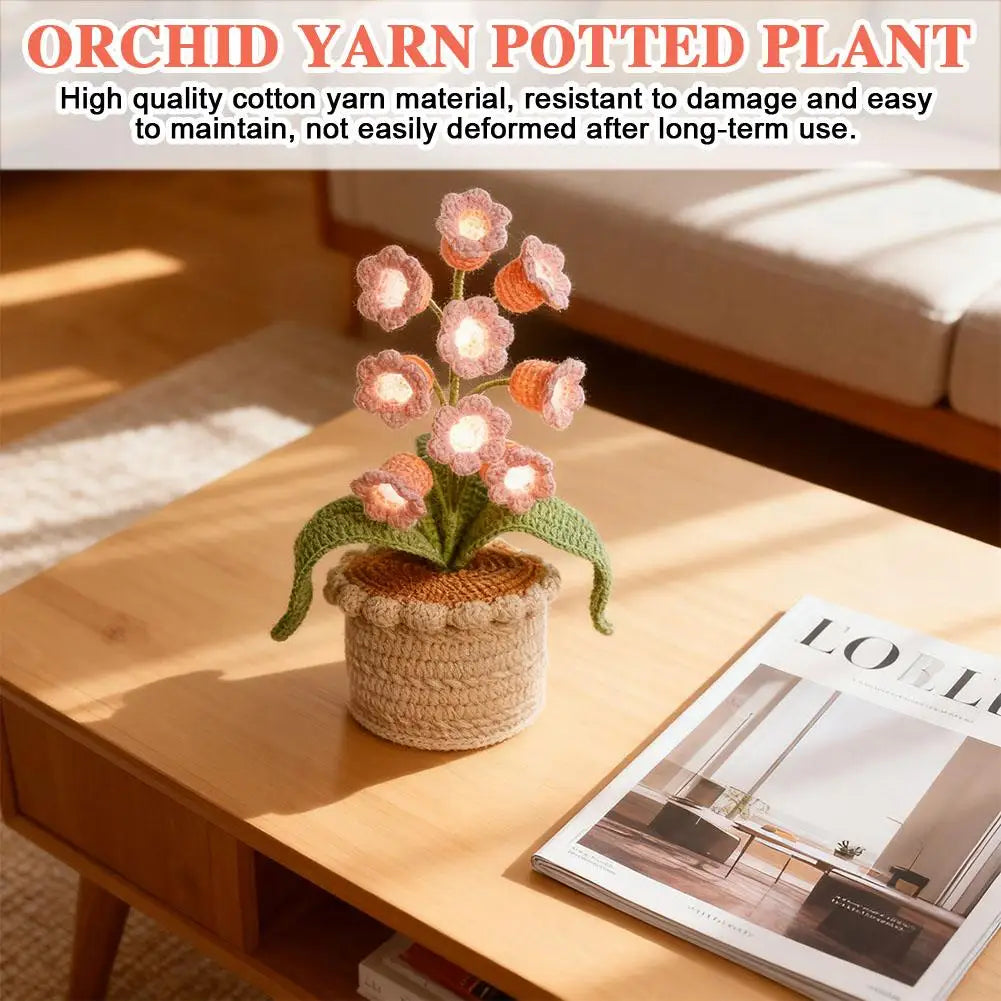 Handmade Crochet Orchid Potted Night Light LED Decorative Lamp for Bedroom Desk Glow Flower Pot Romantic Home Decor