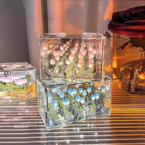 3D Cloud Tulip LED DIY Flower Sea Night Light Mirror Table Lamps Bedroom Ornaments Decoration Mirror Table Lamps Bedside Gift