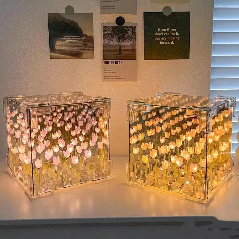 3D Cloud Tulip LED DIY Flower Sea Night Light Mirror Table Lamps Bedroom Ornaments Decoration Mirror Table Lamps Bedside Gift
